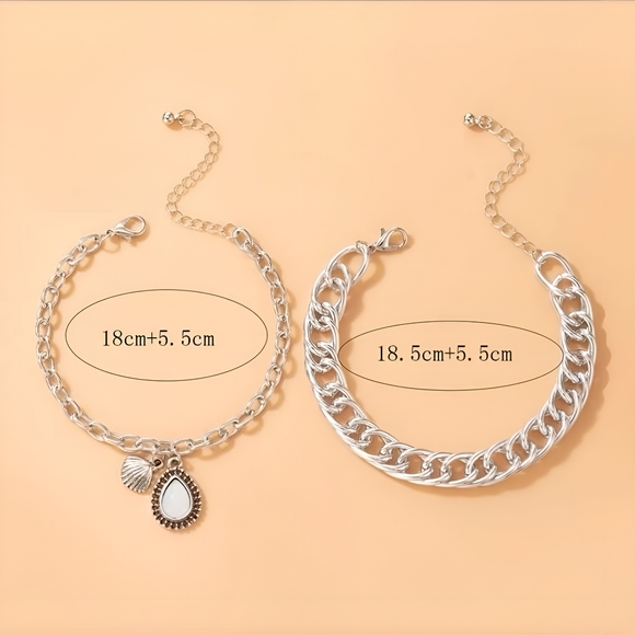 2 piece Silver Chunky Chain Sea Shell Charm Bracelet - Picture 2 of 4